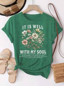 It Is Well' Vintage Floral Christian Hymn Print Women's Cotton T - Shirt, Spiritual Comfort Design, Everyday Wear - 墨綠色 - 查看 1