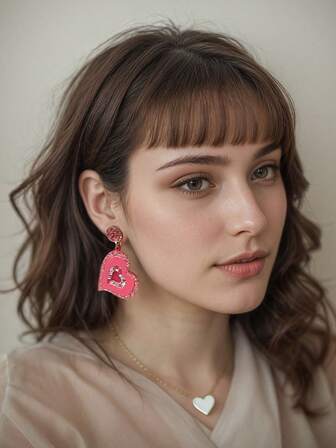 A Pair Of Shiny Pink Acrylic Double Layer Heart Earrings - Romantic Women's Fashion Earrings, For Valentine's Day, Dates, Party Outfits, Daily Casual