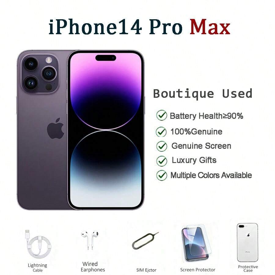 Apple 二手苹果 iPhone 14 Pro Max，A+ 级，95% 新，6.7 英寸屏幕，成色良好，旗舰级长焦摄像头，双卡双待，高性能智能手机，可选颜色：深紫色、太空黑色、银色、金色 - 暗紫色 - 查看 1