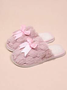 Women's Simple Casual Cute Bowknot Plush Slip-On Slippers, Closed Toe, Lightweight Soft Bottom, Warm Lining, Suitable For Living Room And Bedroom, Spring/Autumn - Mauve Purple - View 3