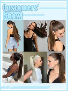 Extensões de rabo de cavalo de cabelo castanho escuro liso de 40 cm (16 polegadas), cabelo virgem brasileiro, aplique com presilha e cordão mágico, adequado para todas as mulheres, cor castanho escuro natural. - Multicolorido - Ver 6