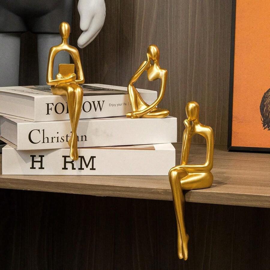 Gold Home Decor Thinker Statue Accents, Set Of 3 Thinker Sculptures Office Decor Modern Abstract Resin Decoration On Shelf Table Desk For Living Room Office Bedroom (Small Gold) - Vàng nhỏ - Xem 1