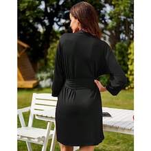 Bata de baño de algodón para mujer de longitud hasta la rodilla y mangas 3/4 ligera - 01Negro - Ver 5