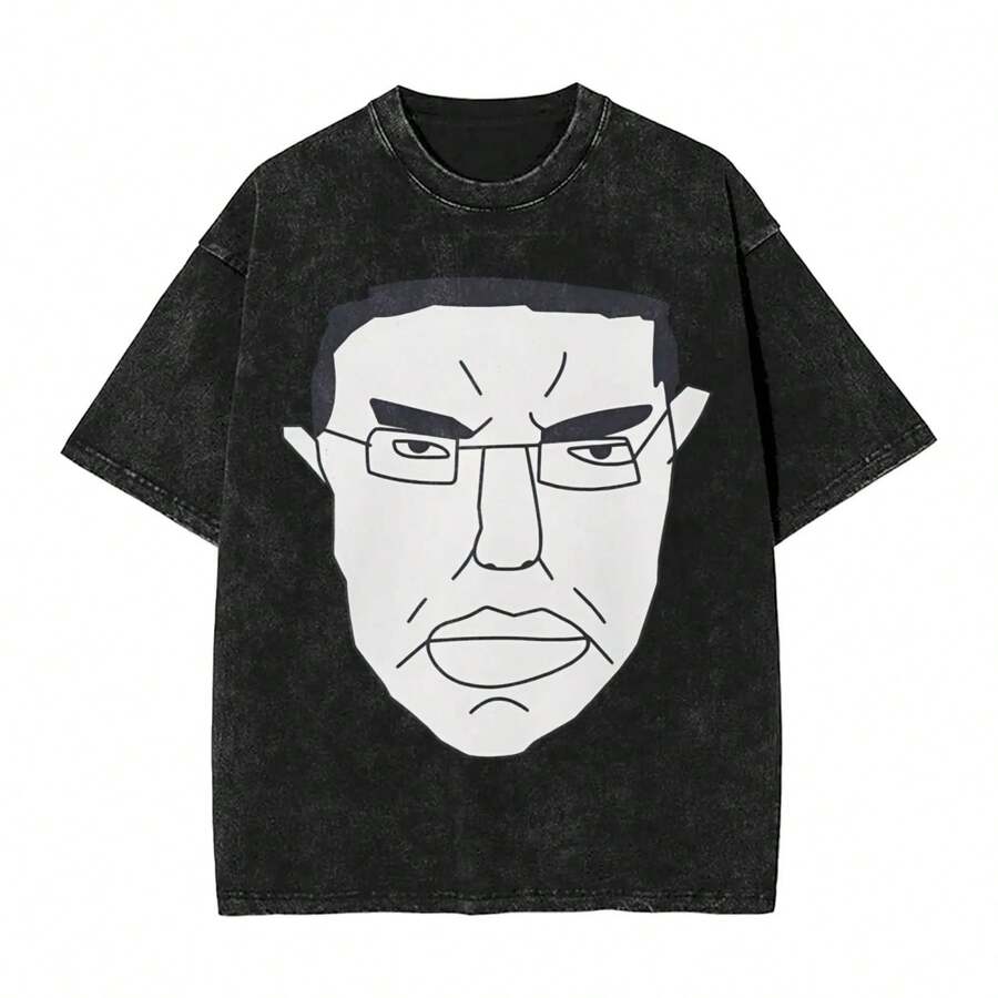 Chudjak Chud Face Meme T Shirts Hip Hop Washed Short Sleeve High Street T-Shirt Vintage For Men Women Streetwear Printed Tees - 黑色 - 查看 1