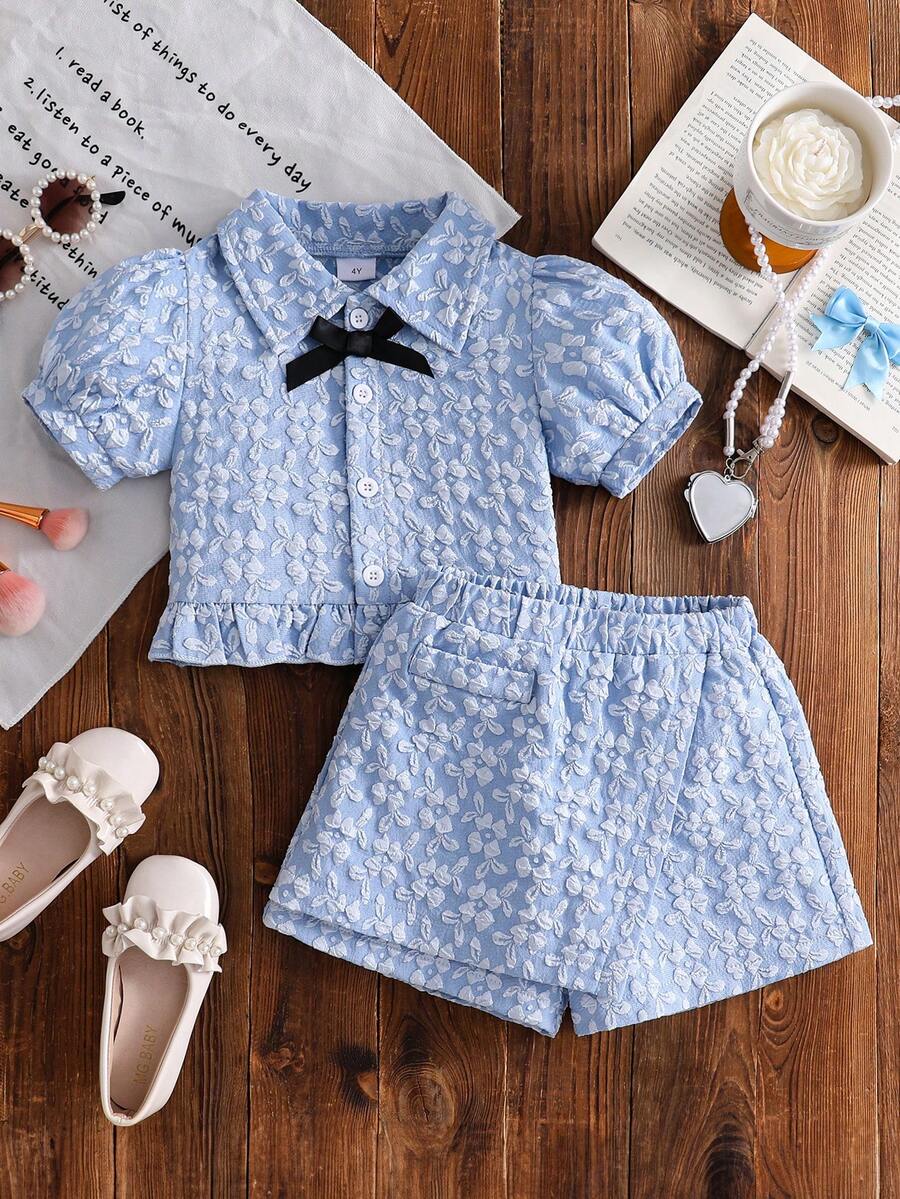 2pcs Set Kasual Anak Perempuan: Rok Pendek Motif Bunga Kecil Acak - Biru - View 1