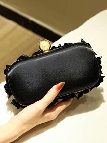 复古手工串珠亮片花朵晚宴手拿包，时尚优雅，适合搭配婚纱和伴娘礼服 - 黑色 - 查看 3