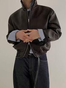 Giacca corta da uomo vintage in pelle, stile Melard, cappotto primaverile ampio con colletto risvoltato, giacca in pelle in stile coreano effetto invecchiato - Castano - Visualizzare 3
