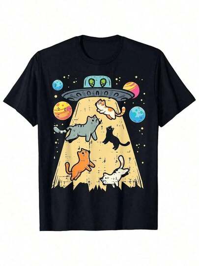 Abducción de Alienígenas Gatos OVNI Platillo Volador Espacio Mujeres Chicas Chico Chica Camiseta,% Algodón Arte de Galaxia Espacial Crew Neck Manga Corta, Regalo para Hombres Mujeres Papá Mamá Amigos, S-, Negro, Perfecto para Actividades al Aire Uso Diario IAIP