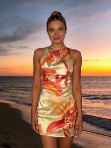 假日服装，女士夏季连衣裙，性感沙滩度假连衣裙女装度假风女装时尚露背性感荷叶边碎花性感针织面料立体碎花无袖日常海滩夏季女装 - 彩色 - 查看 12