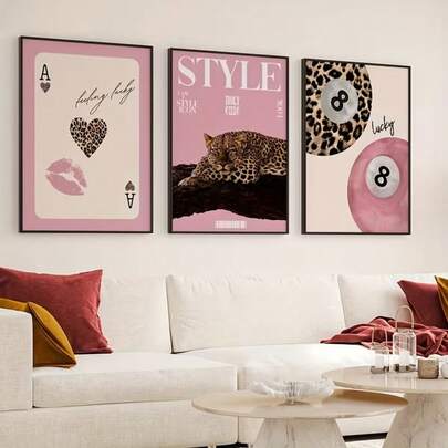 1/3pcs Leopard Print Painting Poster, Cheetah Pattern, 8 Ball Poster, Lucky Art Painting, Lips Wall Art, Elegant Wall Decor, Living Room Wall Decoration, Girls Room Decor, Frameless