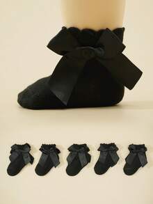 5 đôi tất trẻ em màu đen thắt nơ, tất ren cho bé gái, tất cơ bản, tất trẻ em, tất đen, tất cho bé, tất trẻ sơ sinh, tất viền bèo nhún - màu đen - Xem 6