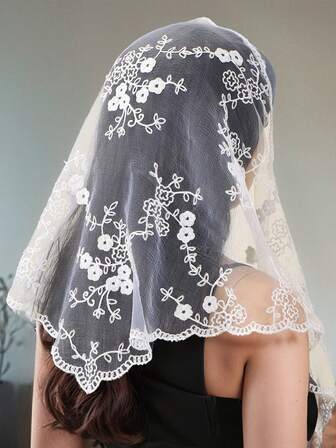 1pc European & American Style Floral Lace Triangular Veil, Solid Color Bridal Headpiece Wedding Headscarf