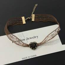 Brown, Lace, Vintage Choker Necklace, Women's, Retro Pearl, Heart Pendant, Clavicle Chain, Versatile Everyday Necklace. - 黑色花項圈32+7cm - 查看 5
