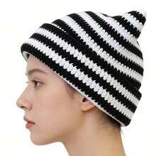 Y2K Gothic Cute Cat Ear Crochet Hat Striped Beanie Knitted Hat Accessory For Outdoor Travel Streetwear, Men& Women's Gift For St Patricks Day, Valentines Day, Easter - Đen và trắng - Xem 4