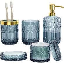 5-Piece Blue Diamond-Cut Glass Bathroom Accessories Set, Includes Soap Dispenser, Soap Dish, Toothbrush Holder, Tumbler & Cotton Swab Jars, Modern Crystal Decor For Bathroom - Housewarming Gift - Màu xanh lam - Xem 10
