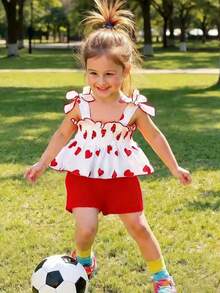 年轻女孩休闲心形印花上衣，蝴蝶结和纯色松紧腰短裤两件套，夏季 - 紅白色 - 查看 1