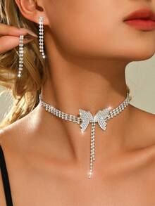 3pcs/Set Butterfly Bow Design Bridal Women's Fashionable Zirconia Necklace Set, Sexy Jewelry Set Suitable For Weddings, Birthday Gifts, Parties. - HB037 Silver - View 2