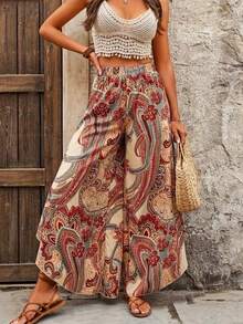 女士高腰波西米亚风休闲宽松夏季印花阔腿裤，适合春夏季节，可作女士度假装扮、海滩度假装扮。 - 彩色 - 查看 3