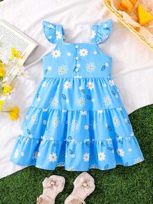 Young Girl Blue Floral Print Sleeveless Ruffle Hem Dress, Spring/Summer - Blue - View 3