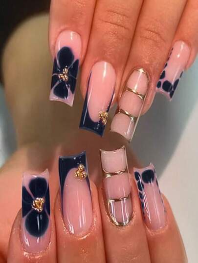 24pcs Y2K Rectangular Flower Nail Stickers To Enhance Your Fashion Style! This French Press-On Nail Set Includes 1 Piece Of Jelly Gel And 1 Nail File, Perfectly Fitting Your Nails. Easy-To-Wear French Manicure, Suitable For Daily Work, Parties, And More. Nail Supplies