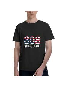 Men's Casual T-Shirt 808 Aloha State T-Shirt - Hawaii And Flag Print (808 Area Code) - British Style Hawaiian Casual Shirt For Beach, Travel And Casual Wear - 黑色 - 查看 2
