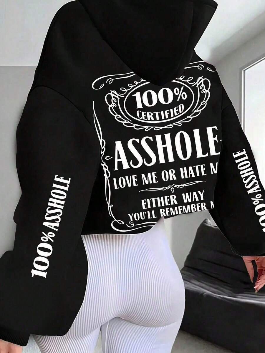 Plus Size Women Slogan Print Drop Shoulder Long Sleeve Casual Loose Thermal Lined Hoodie Sweatshirt, Autumn/Winter - 黑色 - 查看 1