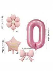 6pcs/Set Pink Number & Bow Tie Party Balloons, With Daisy, "Happy Birthday" And Star Foil Balloons, Suitable For Birthday Party, Celebration, Anniversary, Festival, Backdrop, Outdoor Party Decor, Photo Prop, Baby Shower - Multicolor - View 2