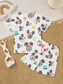Disney 男童授权可爱米奇老鼠两件套 - 圆领无袖上衣和短裤，米奇图案，夏季休闲T恤，活泼时尚，透气面料，两件套，儿童短裤套装，小男孩两件套 - 杏色 - 查看 2