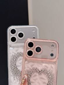Funda de teléfono con diamantes de imitación, brillo y patrón de diamantes claros con forma de corazón, compatible con iPhone 17 ProMax, 17Pro, 17Air, 17, 16, 15, 14 Plus, 13, 12 Pro Max, 11, de silicona suave y brillante en la parte trasera - polvo translúcido - Ver 5