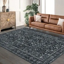 Boho Print Washable Rugs Non Slip Low Pile Vintage Floral Traditional Carpet For Living Room Bedroom Kitchen Dining, Black - 黑色 - 查看 5