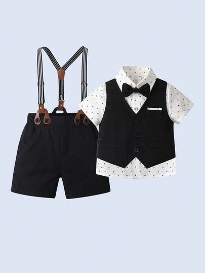 三件套男童绅士套装 - 白色波点衬衫配领结、黑色短裤配背带和马甲，时尚帅气，适合生日派对、一周岁生日、演出、合唱团活动等场合。
