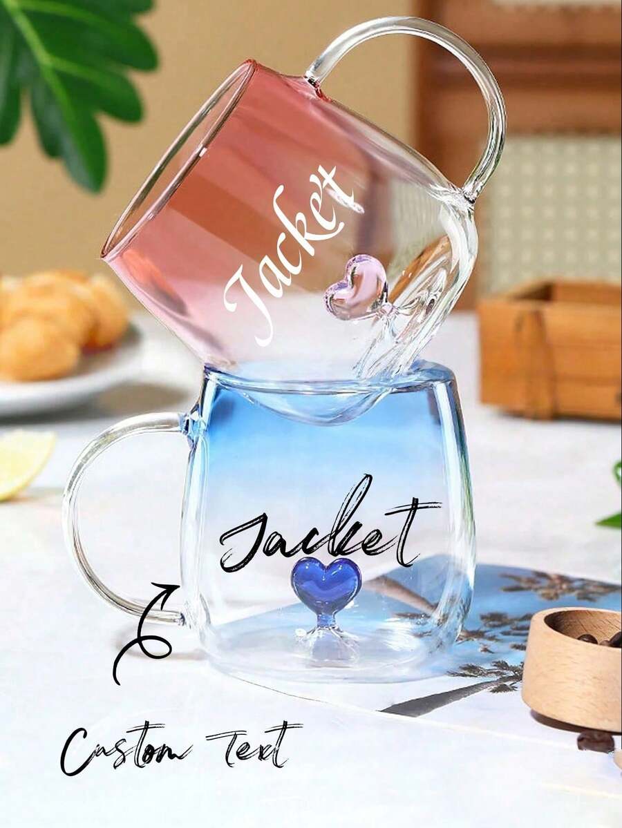 1pc Customizable Glass Cup, Coffee Mug, Milk Cup, Valentine's Day Glass Water Cup, Couple Cup, High-Quality Glass Cup, Creative Heart-Shaped Cup, Customizable With Name And Personalized Text, Made Of Glass Material