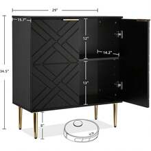 Armario de almacenamiento de madera de 29 "con 2 puertas de patrón en relieve - compartimentos de almacenamiento dobles, moderno acento armario de despensa de buffet para cocina / sala de estar / pasillo / entrada / dormitorio - Negro - Ver 2