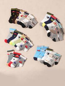 10 Pairs Baby & Toddler Crew Socks, Cartoon Car/Rocket Pattern, Striped/Star Mixed Pattern, Contrast Heel/Toe, Soft Cotton Knit, Breathable Elastic Fit, Fun Socks Set For Baby Boys - Multicolor - View 3