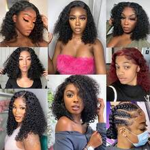 优雅女士黑色卷发假发 - 蓬松非洲式发型，短款弹力卷发，180% 密度，13x4 蕾丝前额，高温丝，适合所有肤色，逼真发片|时尚短款假发|纹理假发，假发配件 - Natural Black - 查看 5