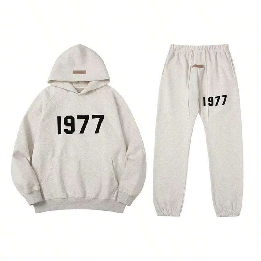 Essentials-1977 2pcs Men's Casual Print Drawstring Hoodies And Pants Set, 2025 New Street Loose Sweatshirt Set For Women And Men, Hip-Hop Skateboard Casual Sportswear For Autumn And Winter - 杏色 - 查看 1