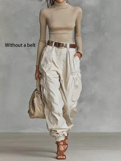 Pantaloni cargo casual da donna in tessuto lavorato a maglia, con tasche, non elasticizzati, per la primavera
