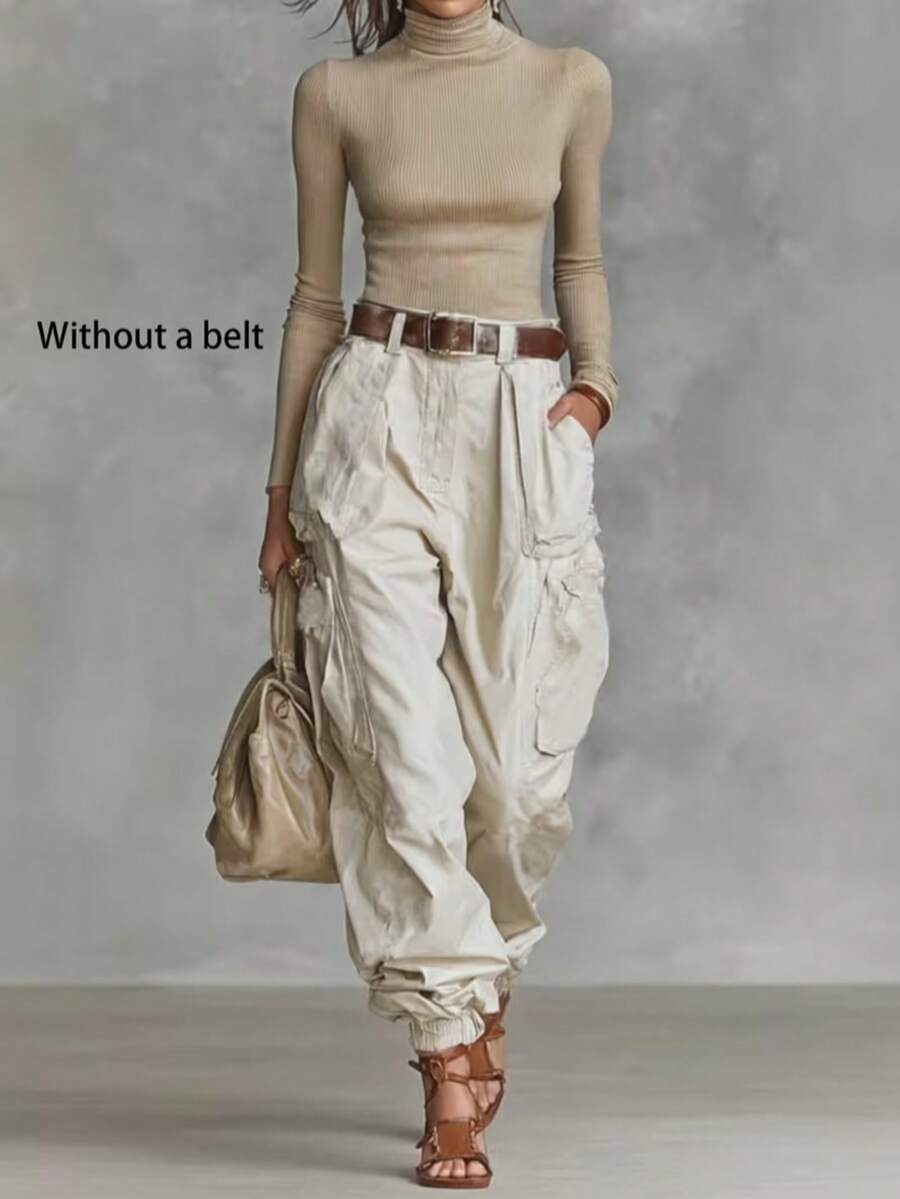 Women's Fashion Casual Woven Fabric Cargo Long Wide Leg Pants, With ...