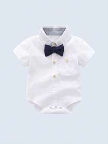 2 件套男婴绅士装 - 白色衬衫、灰色吊带裤搭配海军蓝领结，适合生日派对、婚礼、洗礼、1 岁生日