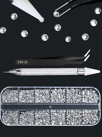 12 Compartments 6 Sizes Transparent Crystal AB Rhinestones, With Tweezers And Dotting Pen, 2000pcs 3D Round Rhinestones For Nail Art, Face & Eye Makeup, DIY Nail Craft