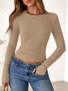 Women Spring And Fall Long Sleeve Shirts Ribbed Crewneck Fitted Basic Tee Going Out Tops Casual Workout Vacation Outfits - 卡其色 - 查看 1