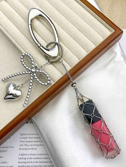 Silver Lipstick Net Bag, Metal Lipstick Storage Bag Pendant With Replaceable Stainless Steel Net Bag, Heart-Shaped Bow Decor Lipstick Box Keychain With Heart-Shaped Mirror, Metal Oval Buckle, Woven Bamboo Net Bag