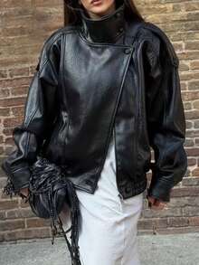 DEEKA 秋冬新款女士时尚皮夹克，简约百搭压纹皮衣，高端外套