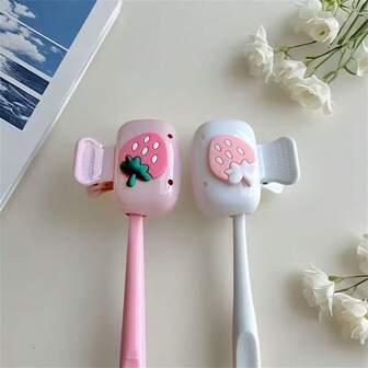 2 piezas Soporte lindo para cepillo de dientes, contenedor de viaje, diseño de soporte para cepillo de dientes con forma de fresa, color rosa y blanco, adecuado para el hogar, baño, dormitorio, hotel, estudio, conveniente para viajar