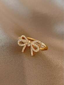 1pc Fashionable Personalized Sweet Creative Design Micro-Inlaid Cubic Zirconia Bowknot Open Ring Valentines, Mom, Mother, Mother's Day, Gift - Gold - View 1