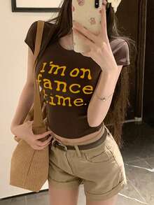 Women's Round Neck Short Sleeve T-Shirt, American Style Babe, Summer New Letter Print, Slim Fit Fashion Cropped Top - Brown - View 1