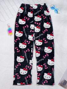 Hello Kitty Flannel Pants - Cute Kitty Sleeper, Hello Kitty Face Pattern Pants, Perfect Gift For Large Women Comfortable Home Dressing - Black - View 1