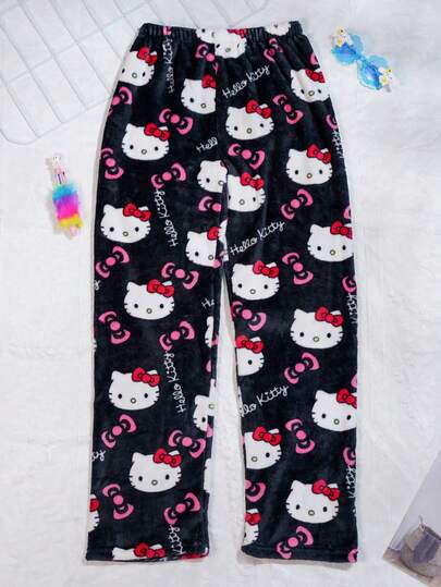  Sanrio For Hello Kitty Flannel Pants - Cute Kitty Sleeper Pants, Hello Kitty Face Pattern Pants, Perfect Gift For Large Women - Sanrio Fans, Comfortable Home Dressing, Kawaii Fashionable, Plus Size Sleeper Pants