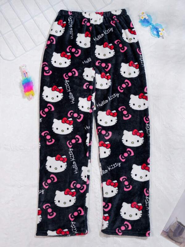  Sanrio For Hello Kitty Flannel Pants - Cute Kitty Sleeper Pants, Hello Kitty Face Pattern Pants, Perfect Gift For Large Women - Sanrio Fans, Comfortable Home Dressing, Kawaii Fashionable, Plus Size Sleeper Pants
