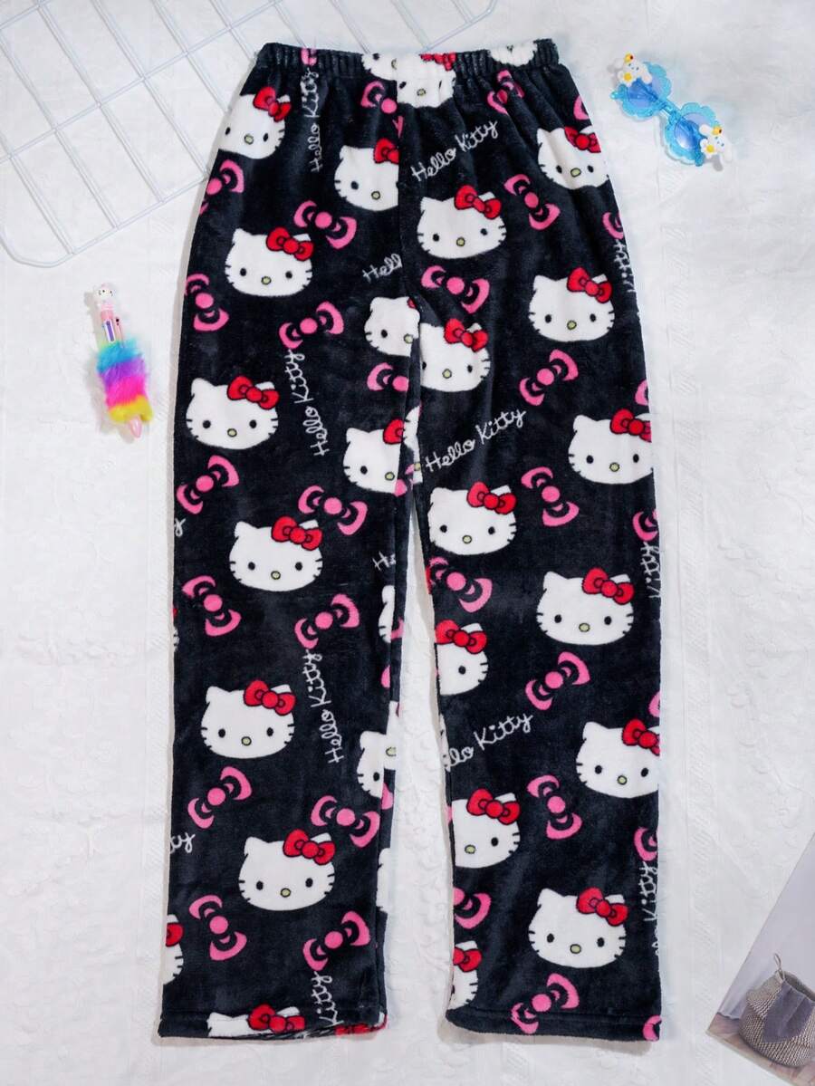 Hello Kitty Flannel Pants - Cute Kitty Sleeper, Hello Kitty Face Pattern Pants, Perfect Gift For Large Women Comfortable Home Dressing - Black - View 1